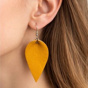 Mustard Yellow Leather Leaf Earrings | Lightweight Boho Fishhook Dangle Earrings